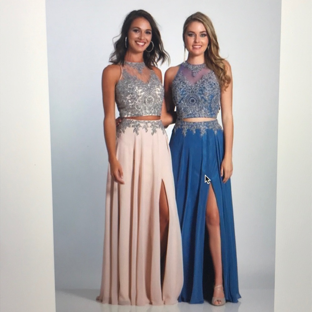 Two Piece Jeweled Prom Dress w/ Chiffon Slit Skirt